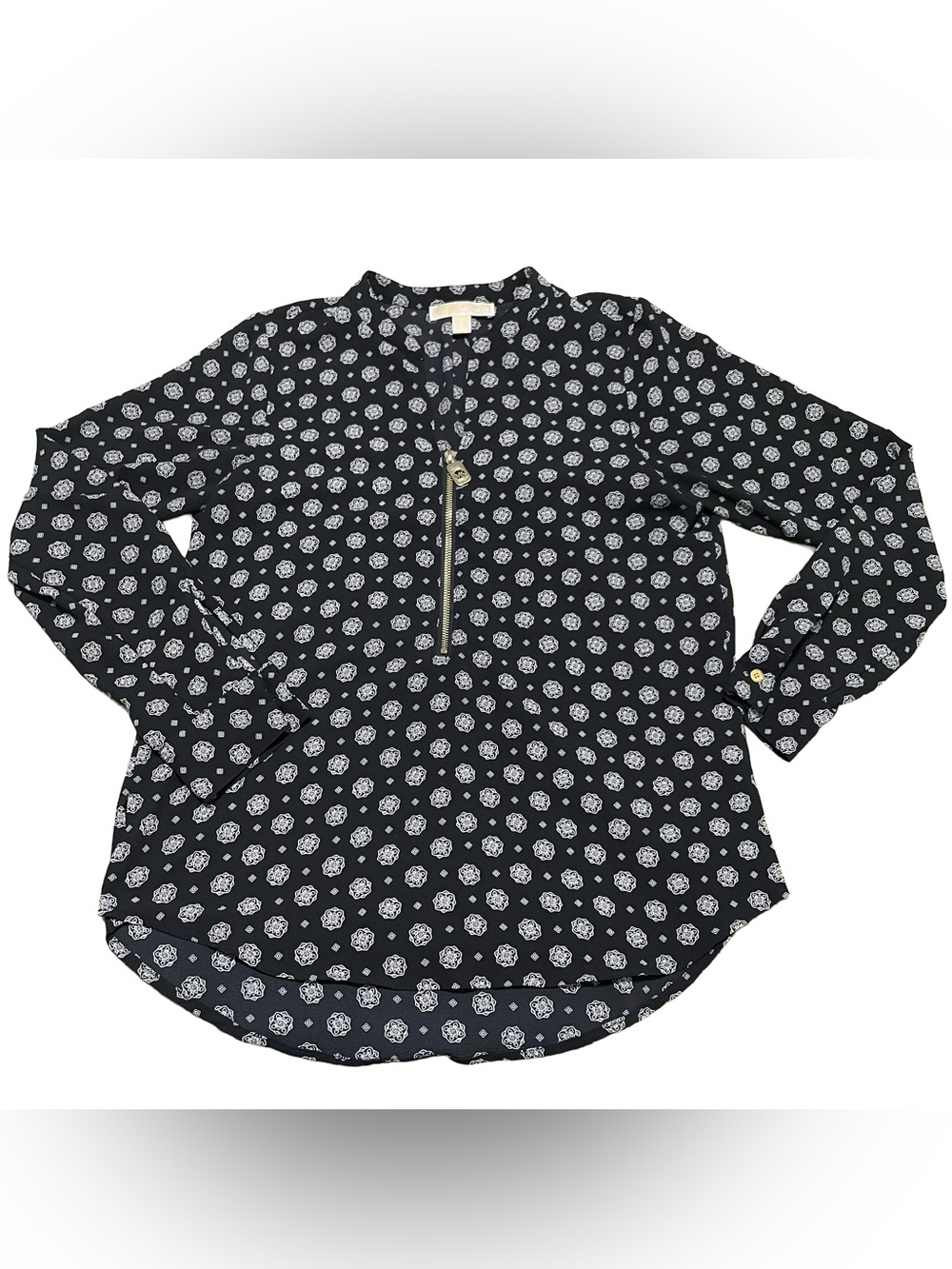 Michael Kors Black Long-Sleeve Zip-Front Printed Top